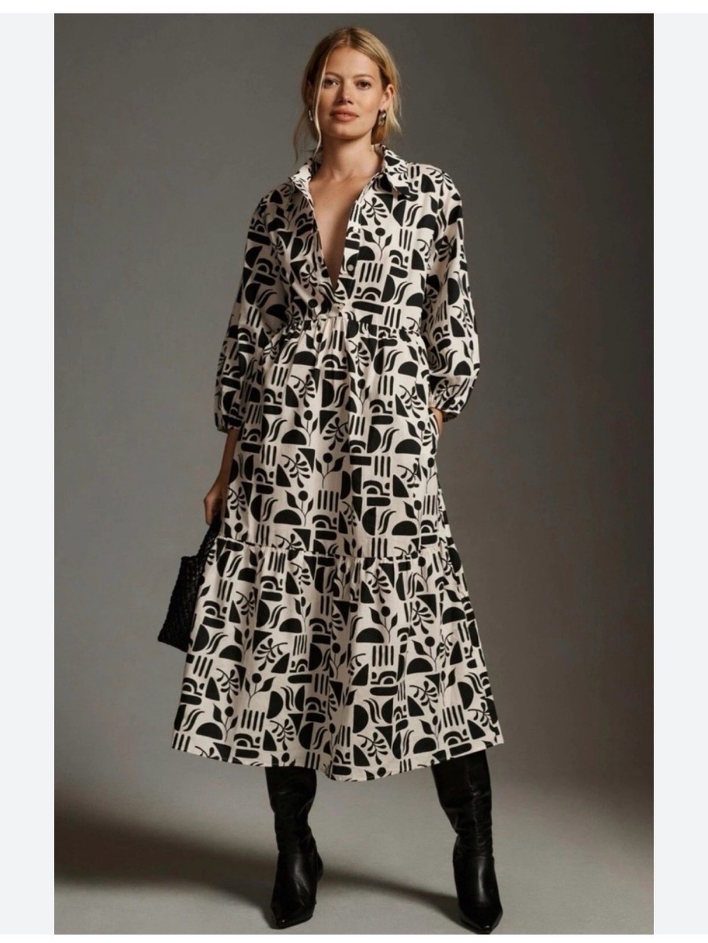 Maeve The Bettina Tiered Black & White Geometric Print Midi Dress, small
